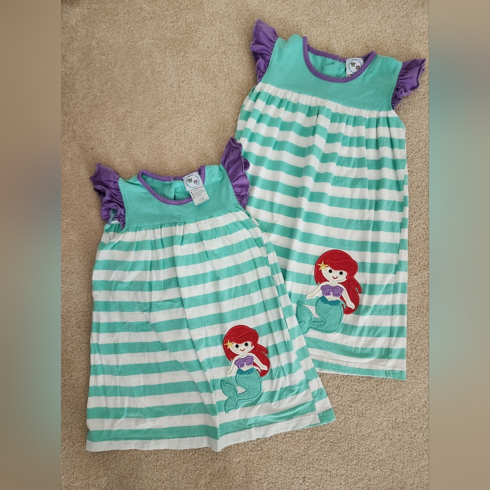 Smock Monkey dresses with Ariel appliqué, size 3 and 5